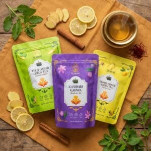 TeaQure Immunity Kit – tulsi, kahwa and lemon ginger herbal tea set
