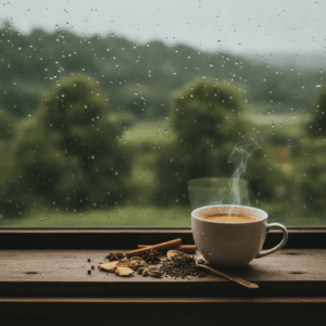 Steaming cup of masala chai by a rain-streaked window during monsoon