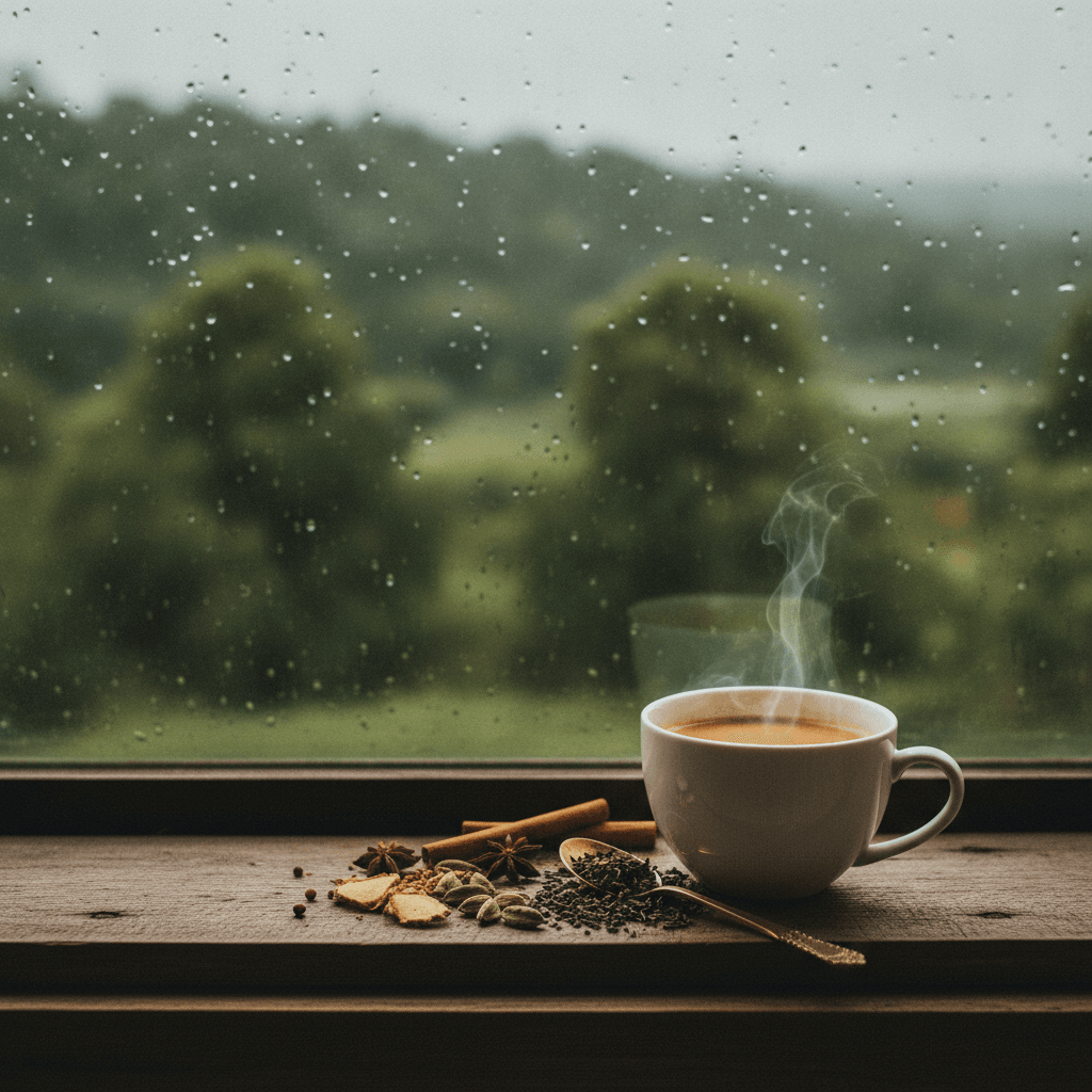 Steaming cup of masala chai by a rain-streaked window during monsoon