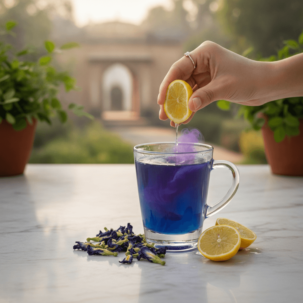 Blue butterfly pea flower tea turning purple as lemon is added