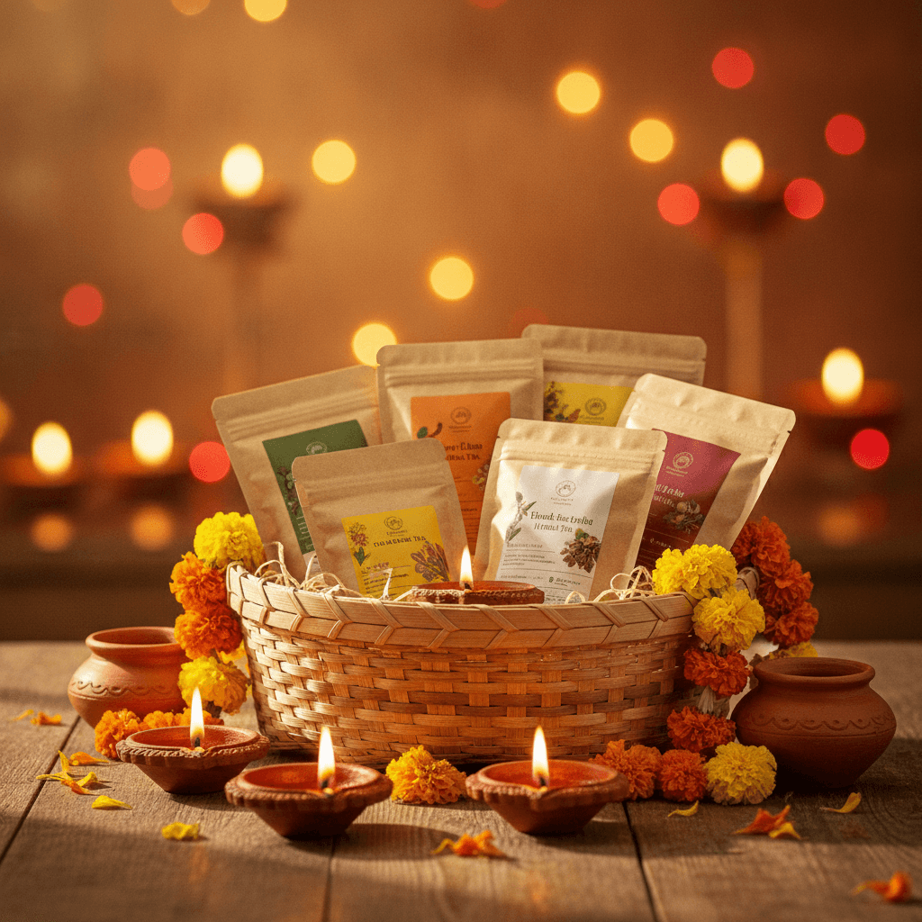 Diwali tea gift hamper with clay diyas and marigolds