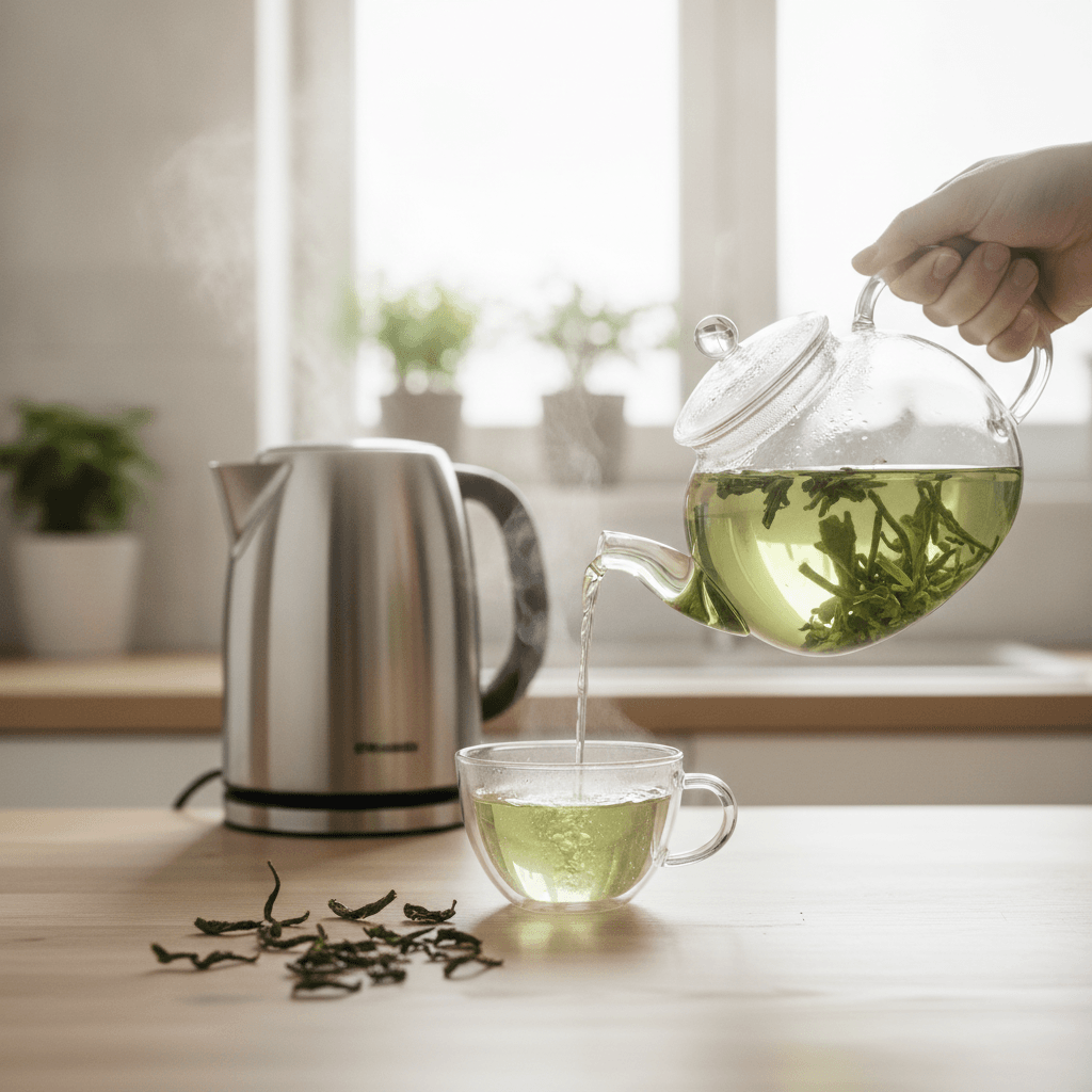 Green tea being poured into a cup with loose leaves and kettle