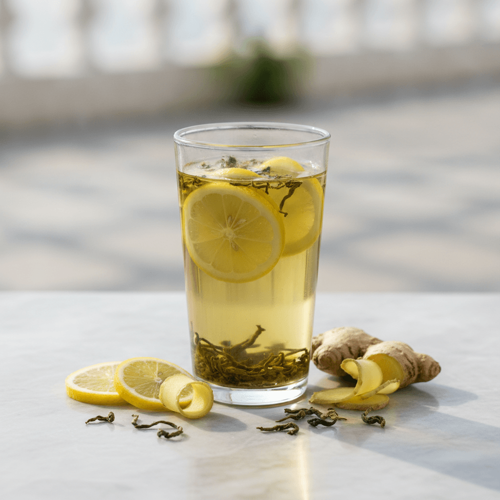 Lemon ginger green tea with fresh lemon slices and ginger root