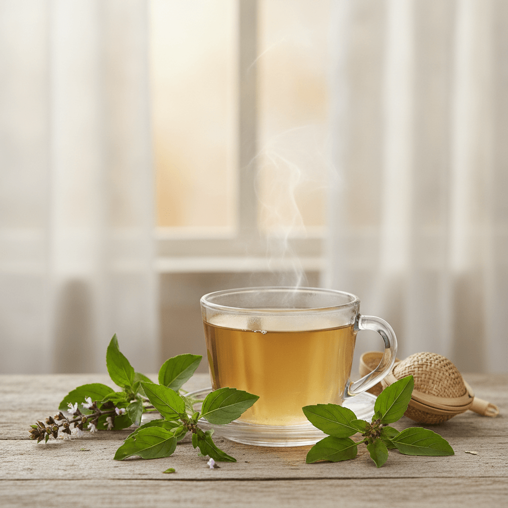 Cup of tulsi holy basil green tea with fresh basil leaves