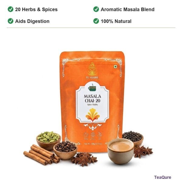 TeaQure Masala Chai - 20 Herbs & Spices, Aromatic Masala Blend, Aids Digestion